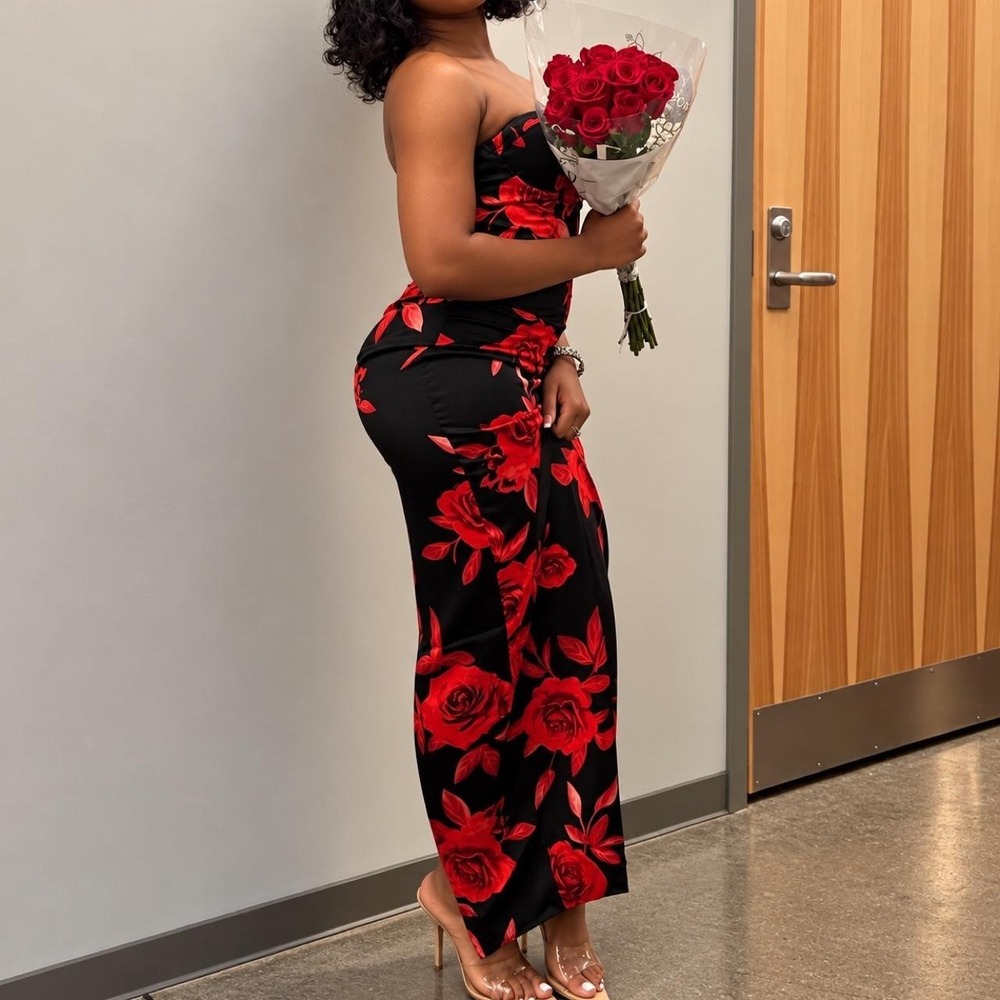 Fashion Nova Black Red Rose Satin Maxi Dress Corset Top XS NWT